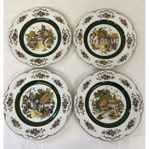 4 Ascot Wood & Sons England Wall 10.5" Plates Village Scenes Green Gold Accents